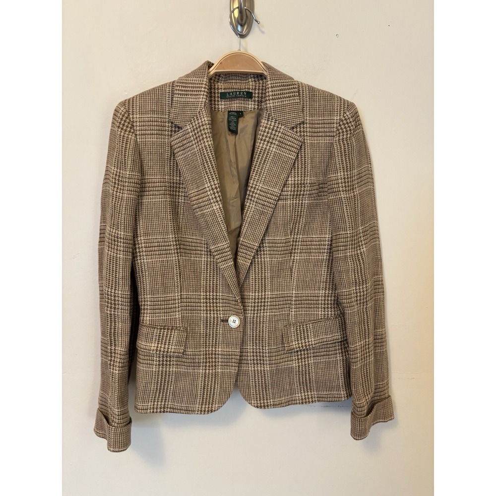 Lauren Ralph Lauren Women's Blazer Houndstooth Tan 100% Linen 6 Preppy